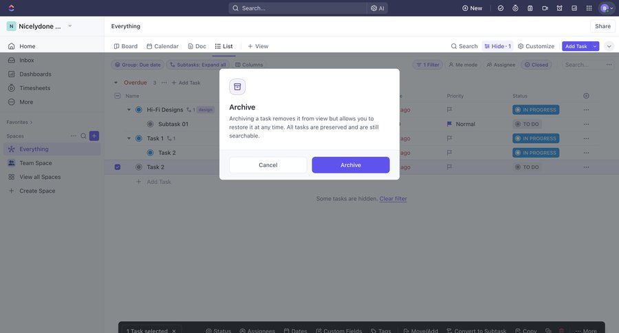 ClickUp
			 task management project management modal confirmation dropdown filters sidebar menu ui page example