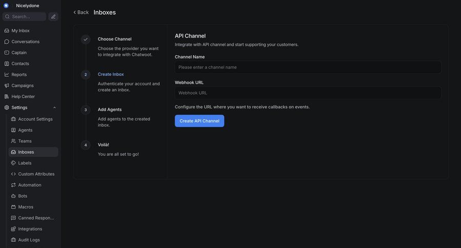 Chatwoot
			 integration setup ui page example