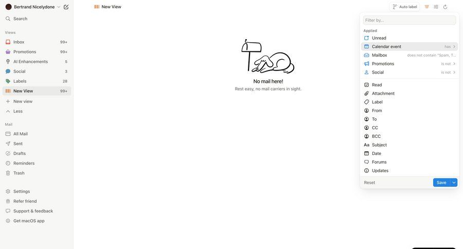 Notion Mail
			 sidebar navigation automation email management right sidebar filter controls email inbox empty state illustration blank state void blank non-ideal state empty page prompt communication menu filter options filter ui ui page example