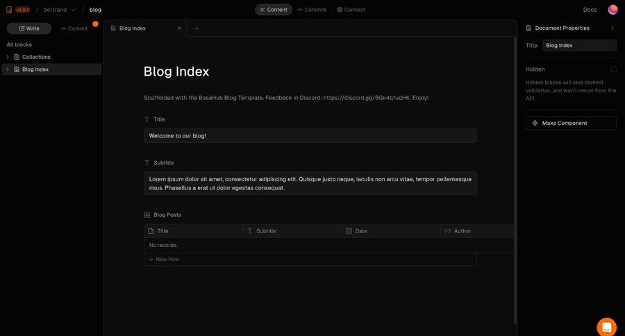 Basehub
			 content management sidebar navigation hierarchical content document management blog management three-column grid content management system content blocks data entry sidebar table ui page example