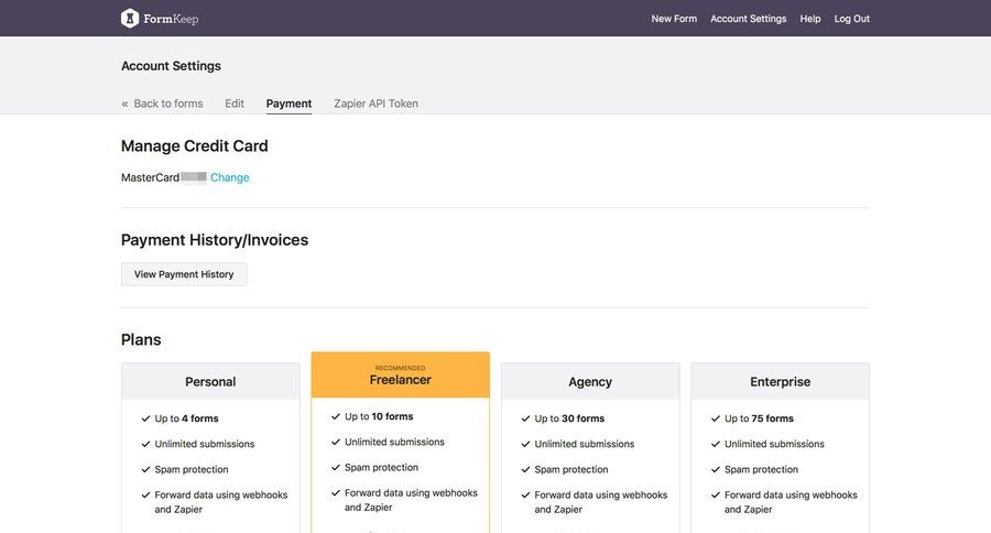 Formkeep
				plans & pricing (in app) page example