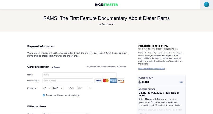 Kickstarter
				checkout page example