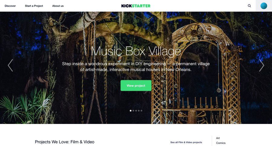 Kickstarter
				home page example
