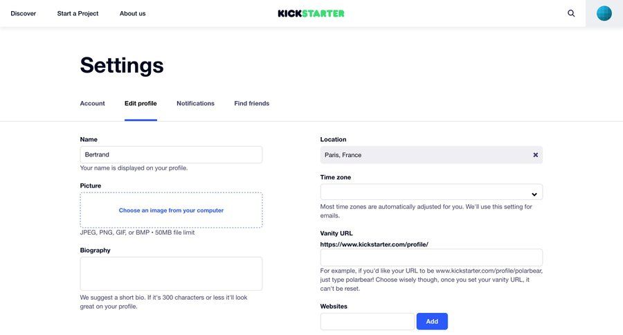 Kickstarter
				settings page example