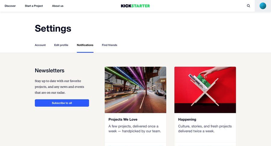 Kickstarter
				settings page example