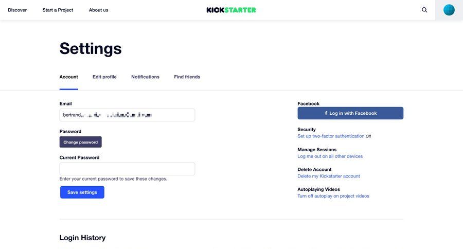 Kickstarter
				settings page example