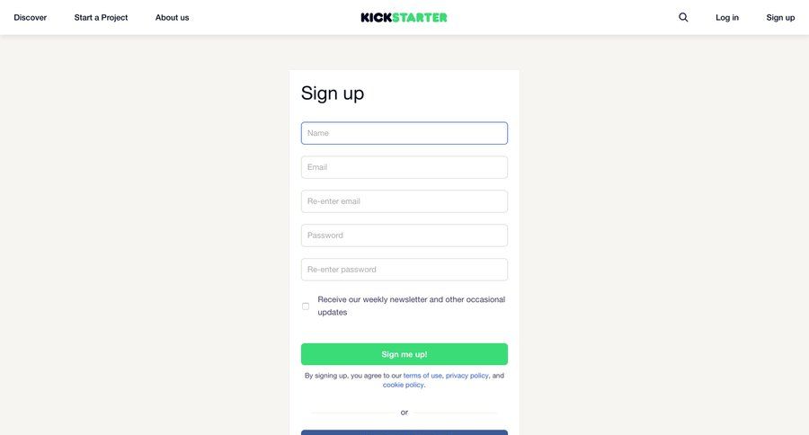 Kickstarter
				signup page example