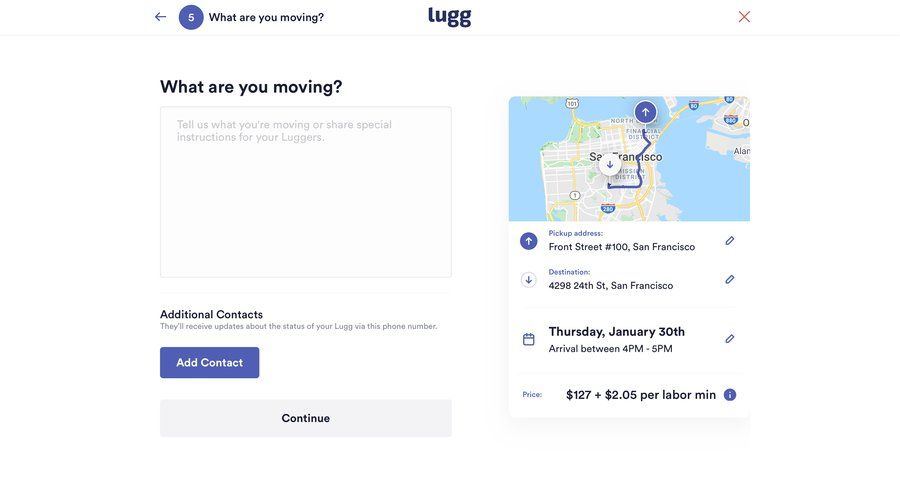 Lugg
			onboarding shopping cart form confirmation progress indicator summary ui page example