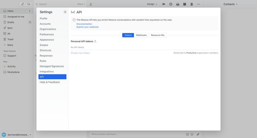 Missive
			 configuration settings inbox communication configuration screen webhook integration ui page example
