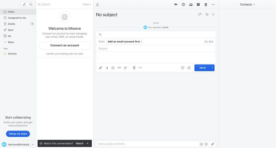 Missive
			 collaboration team collaboration sidebar navigation grid onboarding form account setup email compose email inbox sidebar communication ui page example