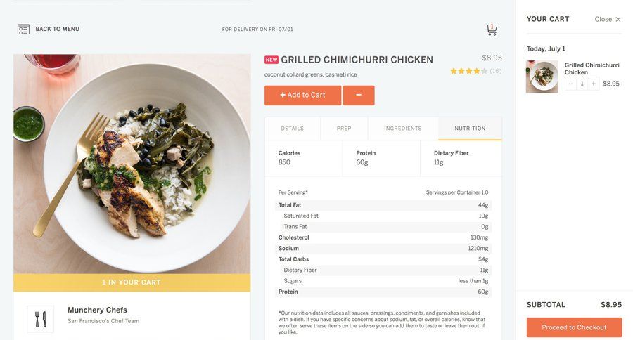 Munchery
			detail page shopping cart e-commerce full-screen layout content hierarchy product details ui page example