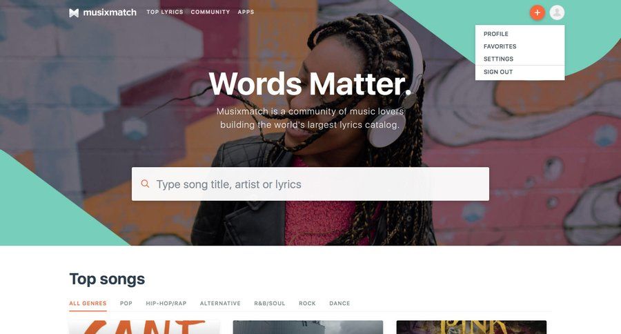 Musixmatch
				dropdown & other states page example