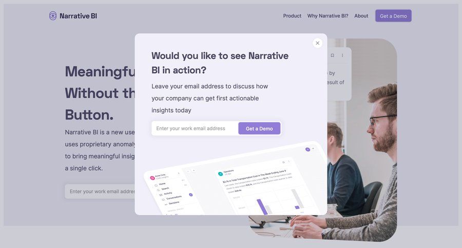 Narrative BI
			signup modal & popover waitlist form enterprise data analytics business intelligence insight ui page example