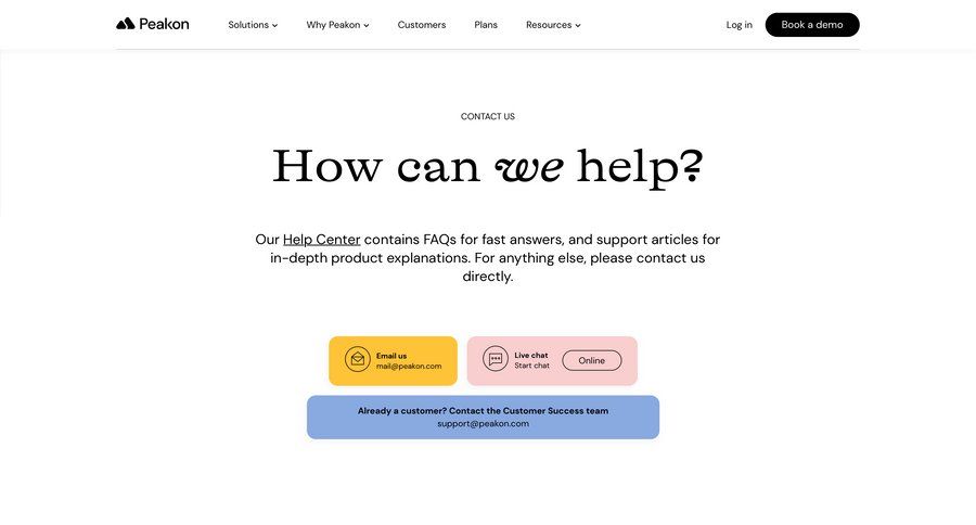 Peakon
			 contact us customer support live chat b2b saas ui page example