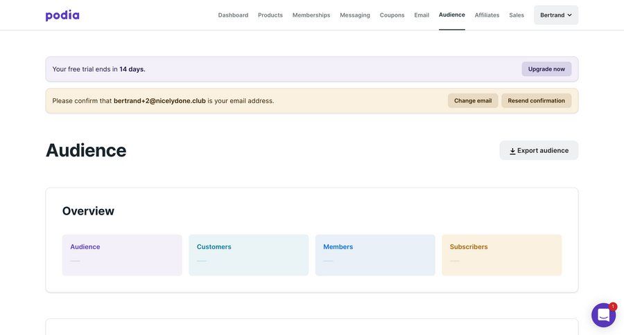 Podia
			 e-commerce dashboard audience management alert email confirmation ui page example