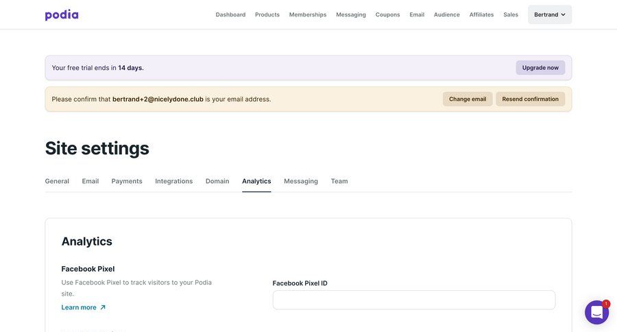 Podia
			 e-commerce settings form analytics configuration configuration screen save changes payment confirmation analytics integration ui page example