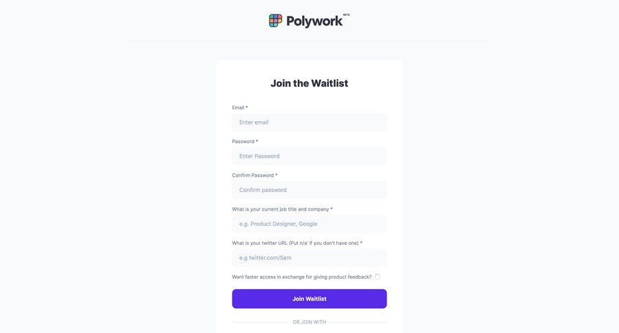 Polywork
			waitlist account creation onboarding form signup ui page example