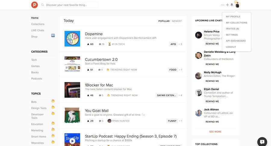 Product Hunt
				dropdown & other states page example