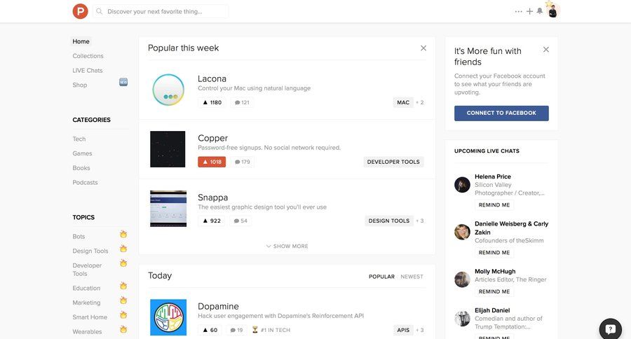 Product Hunt
				home page example