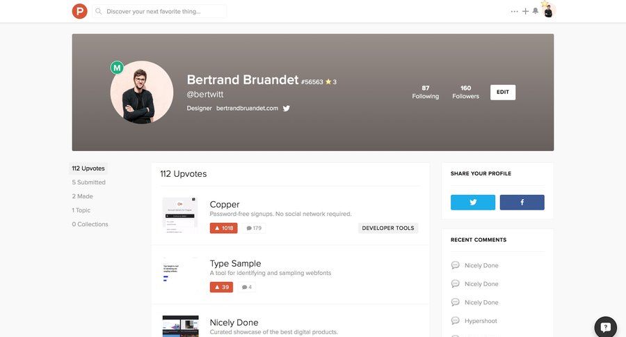 Product Hunt
				profile page example
