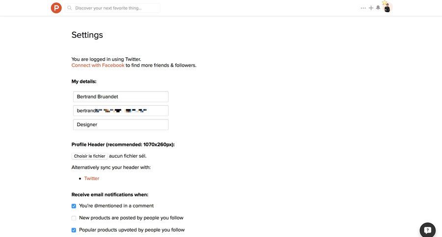 Product Hunt
				settings page example