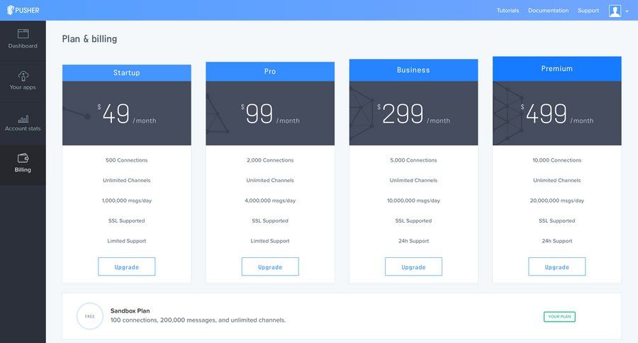 Pusher
				plans & pricing (in app) page example