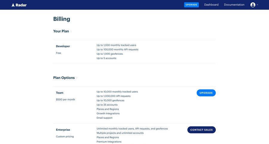 Radar
				billing page example