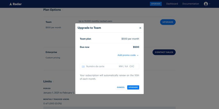 Radar
				checkout page example
