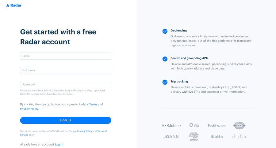 Radar
				signup page example