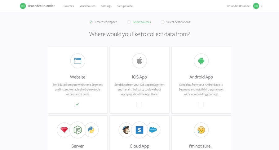 Segment
			 onboarding integration setup data analytics workspace creation setup data integration data pipeline ui page example