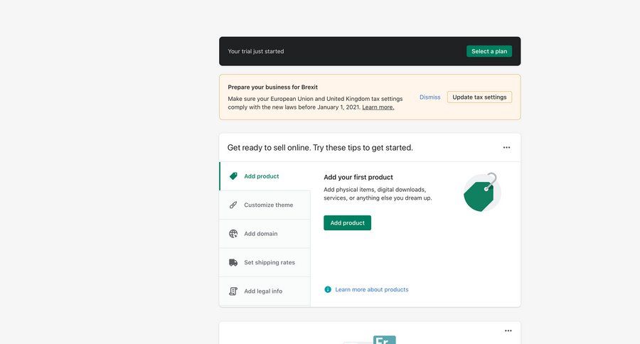 Shopify
			 e-commerce dashboard sidebar navigation onboarding finance trial banner trial checkout setup comparison page comparision localization card layout ui page example