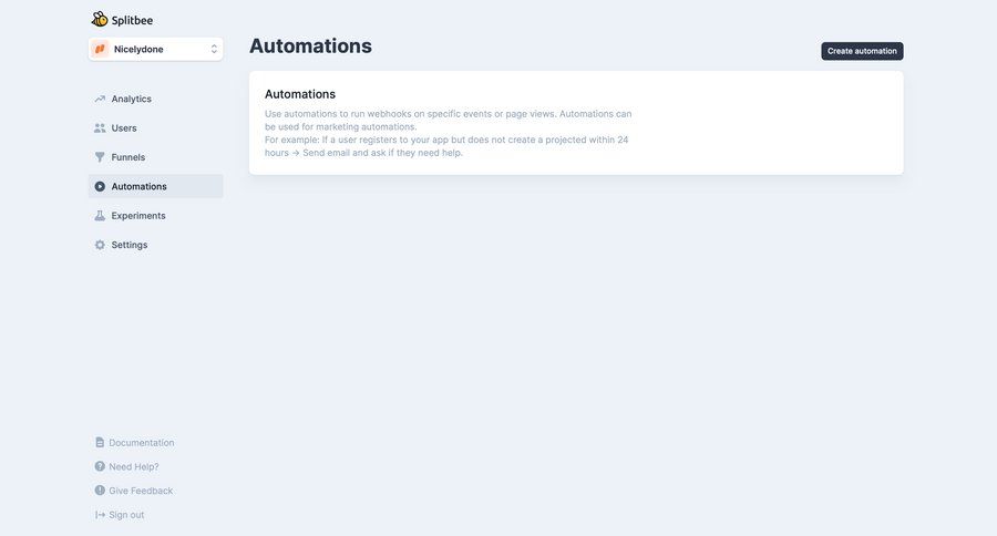 Splitbee
			 configuration dashboard sidebar navigation automation marketing automation sidebar documentation webhook integration ui page example