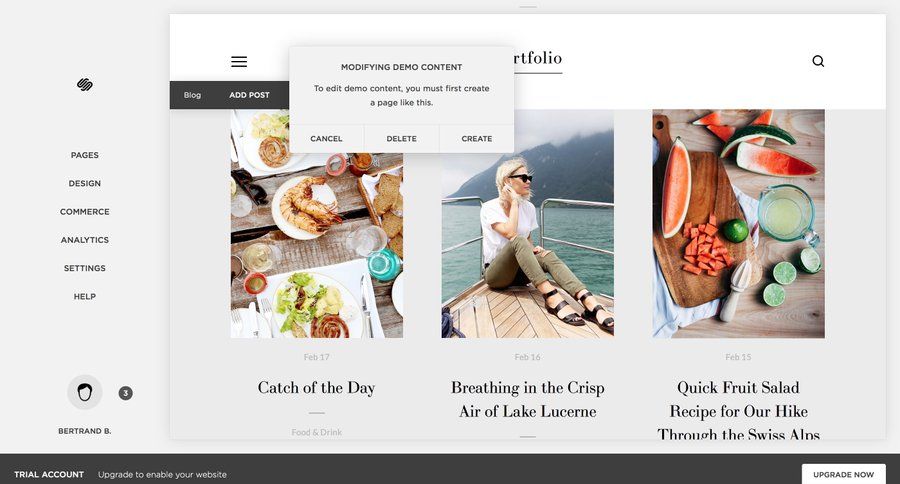 Squarespace
			 modal screen content management sidebar navigation grid onboarding delete modal dialog blog management sidebar create card layout ui page example