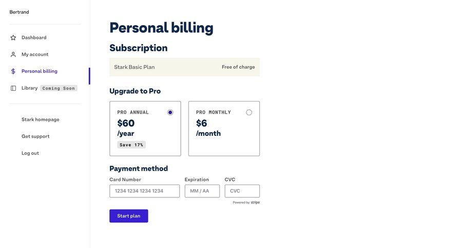 Stark
				plans & pricing (in app) page example