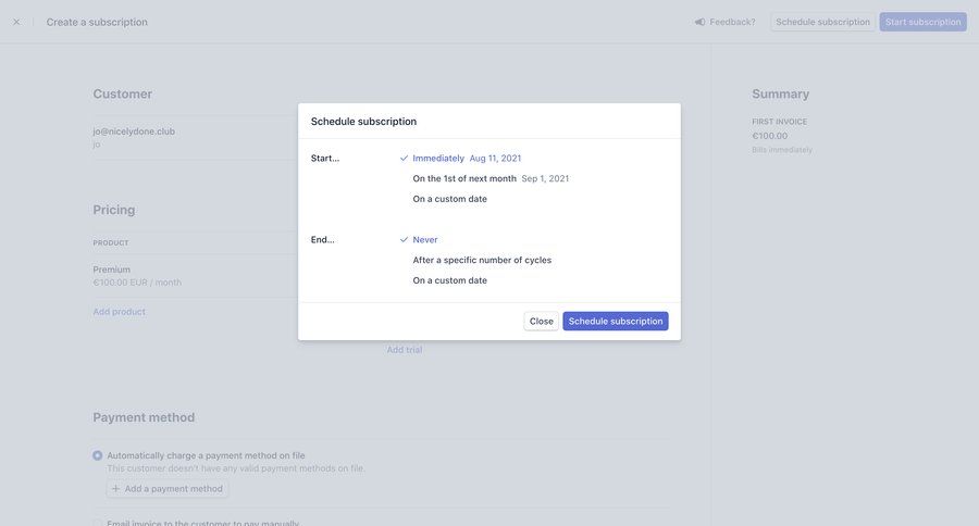 Stripe
			 date picker time picker subscription management datepicker recurring billing chonology file picker ui page example