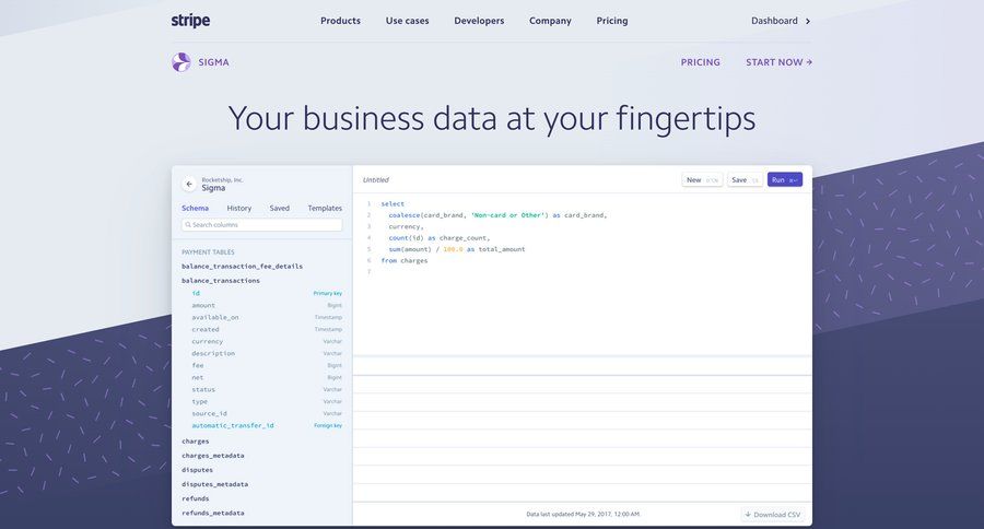 Stripe
			 data analytics transaction history data warehouse business intelligence payment history billing history global search ui page example