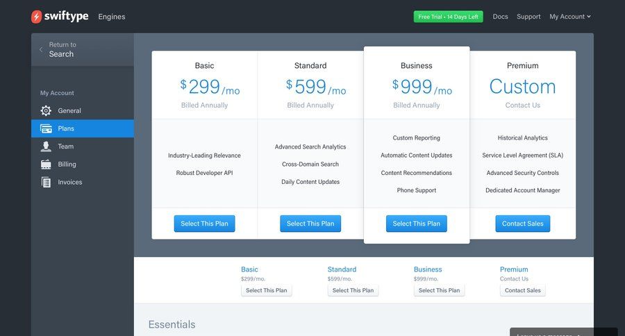Swiftype
				plans & pricing (in app) page example