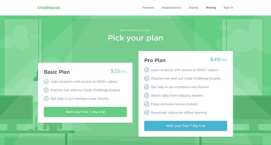 Treehouse
				plans & pricing (in app) page example