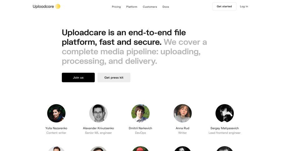 Uploadcare
				about & company mission page example