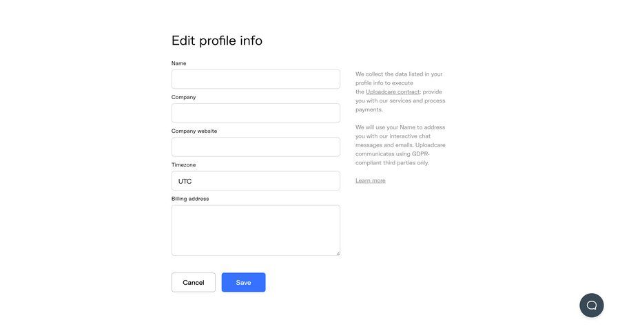 Uploadcare
			 user profile onboarding settings form data privacy account settings profile creation profile settings save changes cancel changes gdpr compliance timezone selector ui page example