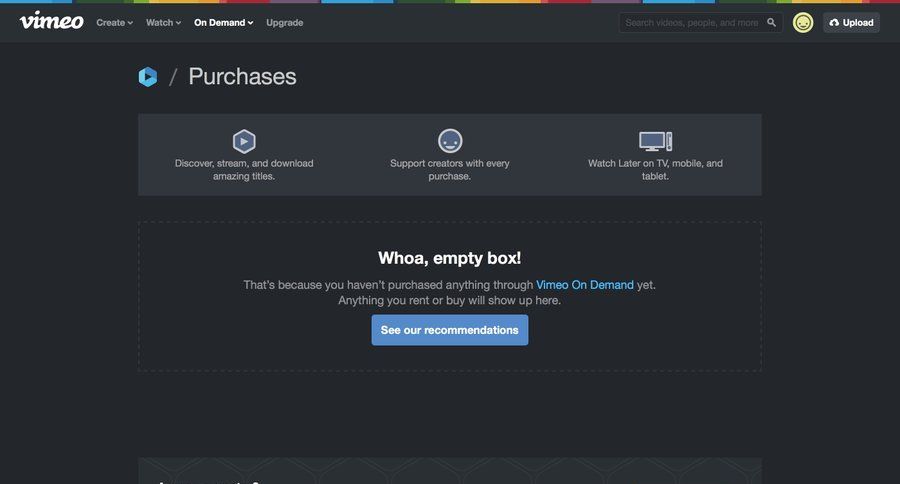 Vimeo
			 e-commerce user account content recommendation content discovery ui page example