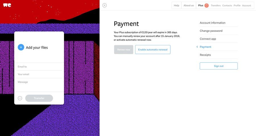 WeTransfer
			 file upload form finance account management account settings subscription management subscription renewal ui page example