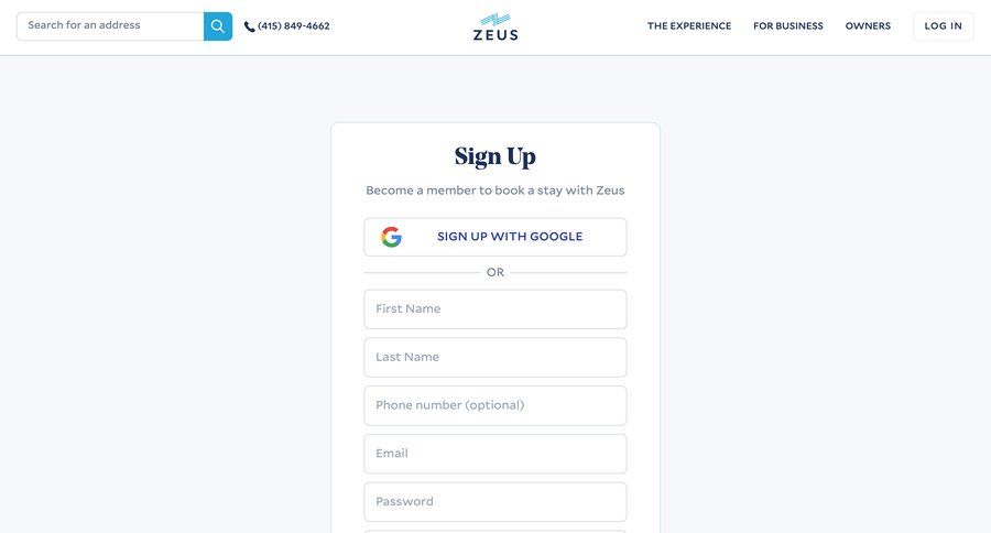 Zeus living
				signup page example