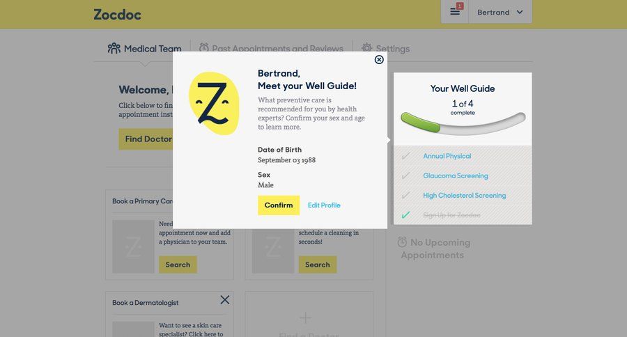 Zocdoc
				onboarding page example