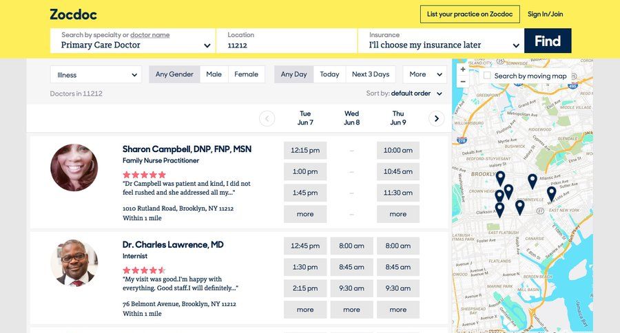 Zocdoc
				search page example