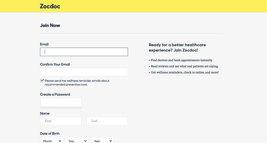 Zocdoc
				signup page example